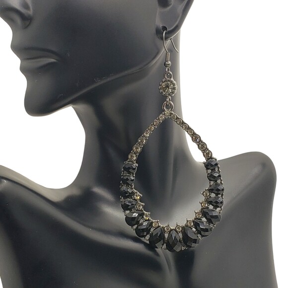 Large Gunmetal Gray Black White Rhinestone Teardrop Hook Dangle Pierced Earrings - Picture 2 of 10